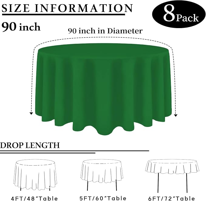 8 Packs 90 Inch Green Round Tablecloth in Diameter, Washable Polyester Fabric Tablecloths, Wrinkle Resistant Table Cloth for Wedding Party Banquet Dining