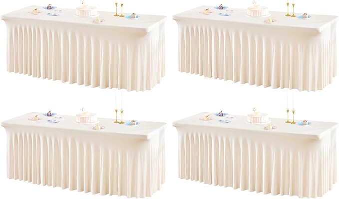 4 Packs Ivory Table Clothes for 6 Foot Rectangle Tables, One-Piece Wrinkle Resistant Stretch Spandex Table Covers with Skirt for Event Banquet Wedding Birthday Party