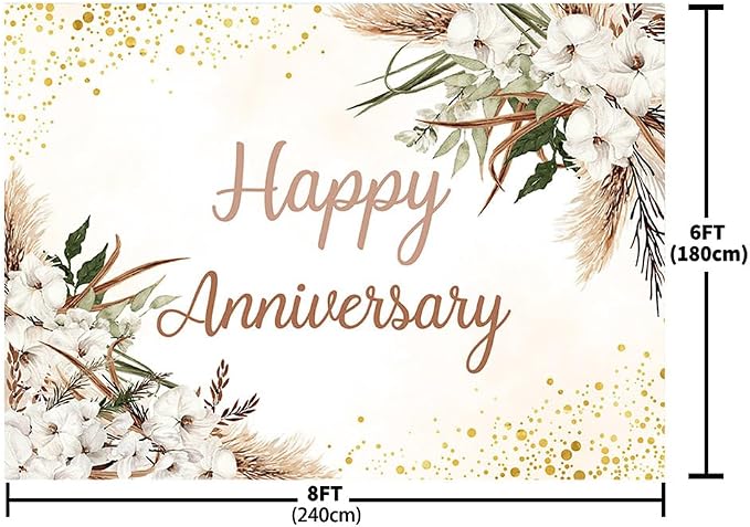 MEHOFOND Boho Happy Anniversary Backdrop White Floral Bohemia Pampas Grass Anniversary Banner Cheers to Marriage Wedding Party Decorations Memorial Portrait Photo Booth Background 8x6ft