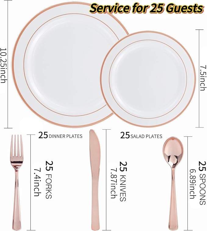 WDF-125PCS Rose Gold Plastic Silverware&Disposable Plastic Plates - Disposable Plates include 25 Dinner Plate,25 Salad Plate,25 Forks, 25 Knives, 25 Spoons for Mother's Day Wedding Party Birthday