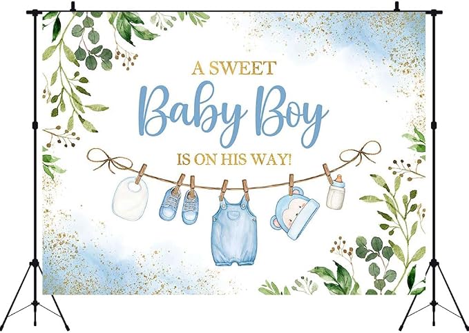 9x6ft Cute Clothes Baby Shower Backdrop for Boys a Sweet Baby Boy is on The Way Newborn Kids Blue Leaves Gold Dots Baby Shower Party Decorations Banner Supplies Photo Booth Props