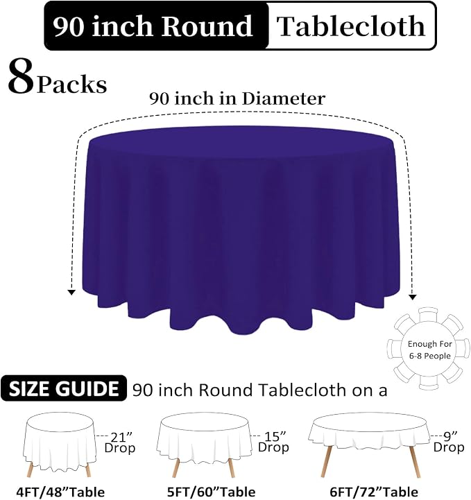 8 Pack Purple Round Tablecloth 90 Inch Wrinkle Resistant Round Purple Table Cloth Reusable and Washable Polyester Fabric for Holiday Buffet Wedding Party and Banquet