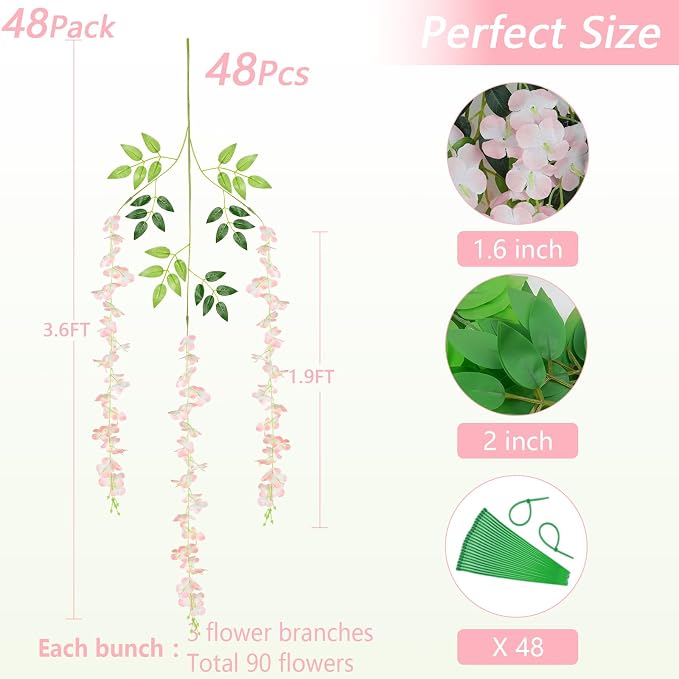 48Pcs Artificial Wisteria Hanging Flowers, 3.6Ft/Pcs Pink Fake Wisteria Garland for Wedding Party Home Garden Indoor Outdoor Decoration