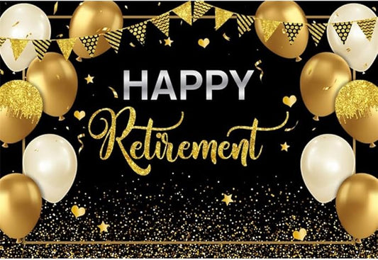 6x4ft Happy Retirement Backdrop for Photography Glitter Black Gold Retirement Party Decorations Banner Background Gold Sequins Balloons Men Women Celebrate Retirement Party Supplies Props