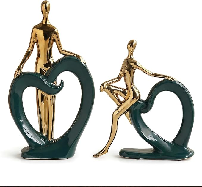 Ceramic Statues Aesthetic Abstract Couple and Heart Sculpture Modern Home Decor Decorative Statue for Living Room Bedroom Bookshelf Table Centerpiece Office (Green and Gold)