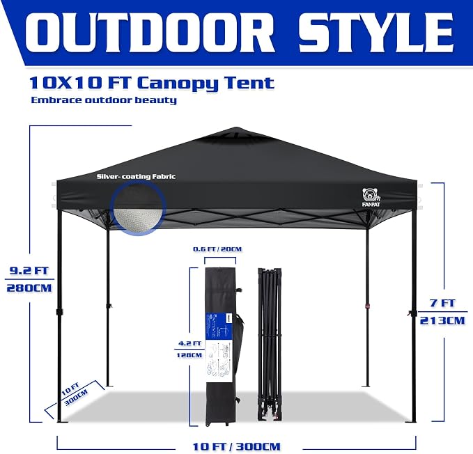 FANPAT 10x10 Pop Up Canopy Tent,300D Silver-Coating Top,1-Person Setup Commercial Heavy Dury Tent Instant Portable Shelter and Carry Bag, Bonus 8 Stakes and 4 Canopy Weights(Black)