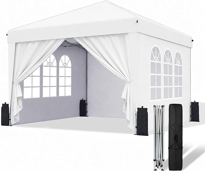 SANWAY 10x10 Pop Up Canopy with Sidewalls, Easy Setup Instant Canopy Tent, Portable with Carry Bag for Outdoor Events, Camping, and Backyard Parties – White