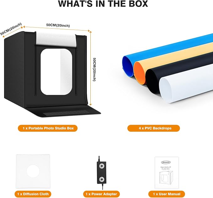 Light Box Photography 20"x20" with 160LED Lights and 4 Color Backdrops Photo Box with Lights, Foldable Light Box with Adjustable Brightness, 3000-6500K Dimmable Portable Picture Box Shooting