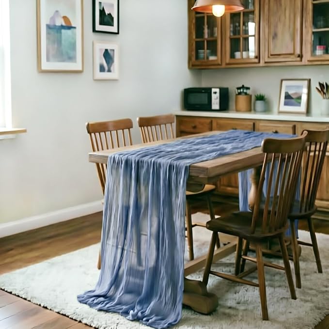 LINXTAR Dusty Blue Cheesecloth Table Runner 160 Inches 14Ft Gauze Summer Boho Table Runner for Wedding Tea Party Baby Shower Bridal Birthday Home Decoration