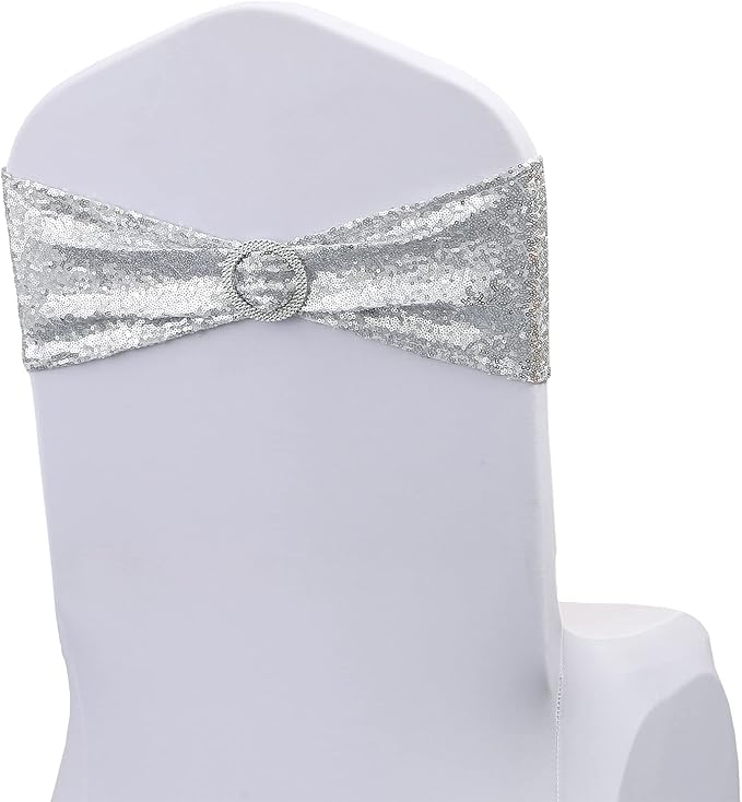 100 Pack All Around Sequin Silver Chair Sashes Bows for Wedding Celebration Decor JKDMJF Sequins Chair Bands with Buckles for Party Baby Shower Chair Decorations, Glitter Silver Chair Sash