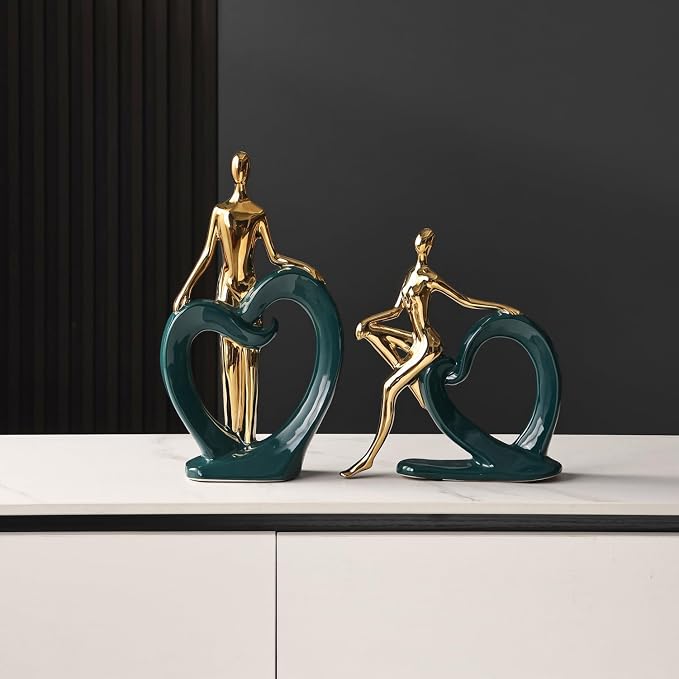 Ceramic Statues Aesthetic Abstract Couple and Heart Sculpture Modern Home Decor Decorative Statue for Living Room Bedroom Bookshelf Table Centerpiece Office (Green and Gold)