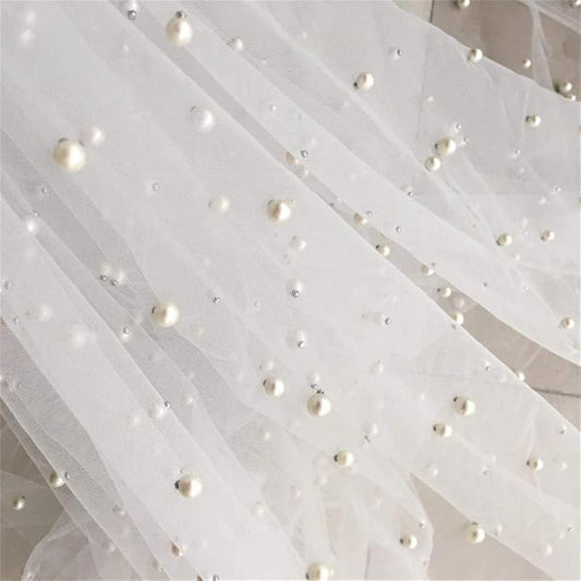 Net Tulle Mesh Lace Fabric Wedding Accessories Luxury Fabric Beaded Pearl Bead Lace Fabrics for DIY Wedding Veils Dresses Half Skirt Dress Curtains Table Clothes Background (Off White, 3 Yard)