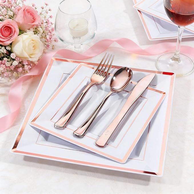 WDF 125pcs Rose Gold Plates with Disposable Silverware - Plastic Plates Dinnerware Include 25Dinner Plate,25 Salad Plate,25 Forks,25 Knives,25 Spoons for Wedding Party Birthday Mother's Day