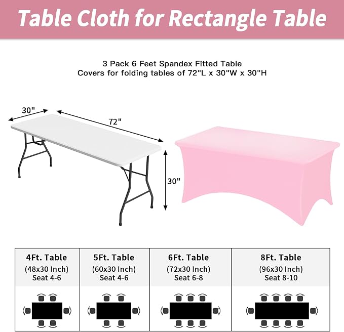 Fixwal 3 Pack Pink Tablecloth Rectangle 6Ft, Stretch Spandex Fitted Table Cover for Party, Trade Show, Wedding, Buffet, Graduation, Vendor Stand