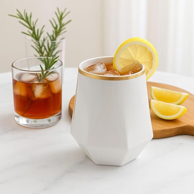 Oojami 40 Pack Disposable Plastic Wine Glasses Gold Rim 12 Oz (White Gold) | Diamond Stemless Clear Cups, BPA-Free Shatterproof Unbreakable Reusable, Cocktail Champagne Whiskey Cups, Wedding Party Bar