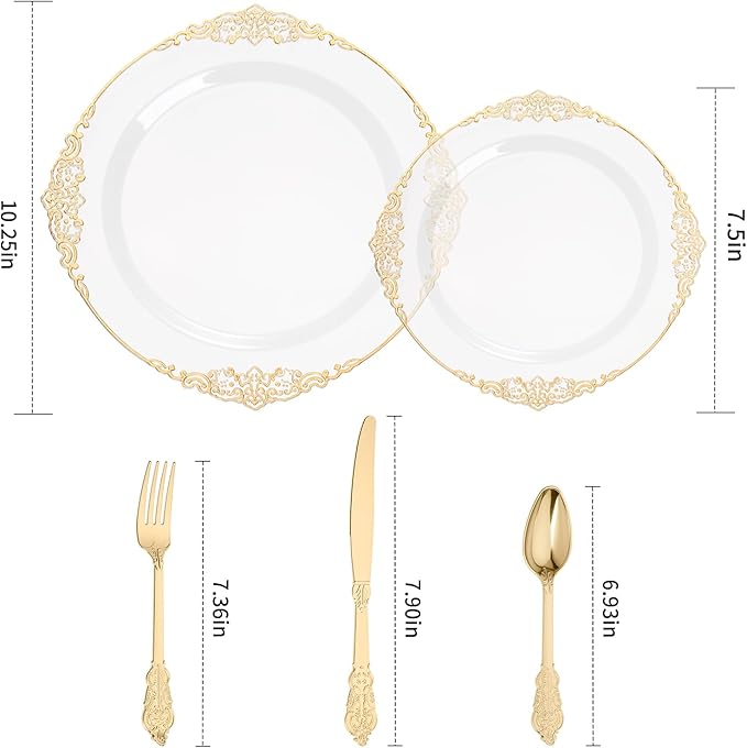 Goodluck 250 PCS Vintage Clear & Gold Rim Plastic Plates with Cutlery Set - Serves 50 - Heavy Duty Elegant Disposable Dinnerware for Wedding, Bridal Shower, Anniversary