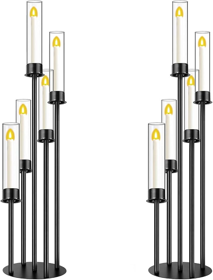 Black Candelabra with Glass Cylinders for Real Candles 5 Head Metal Candle Holder Wedding Centerpiece Ceremony Reception Event Party Home Decoration (2, M)