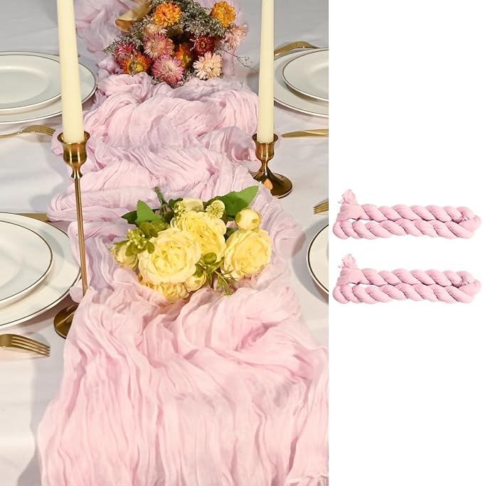2 Pack Light Pink Cheesecloth Table Runners 35x120 Inch, Wide Pleated Boho Gauze Runner for Wedding Baby Shower Birthday Party, Semi-Sheer Rustic Table Decor