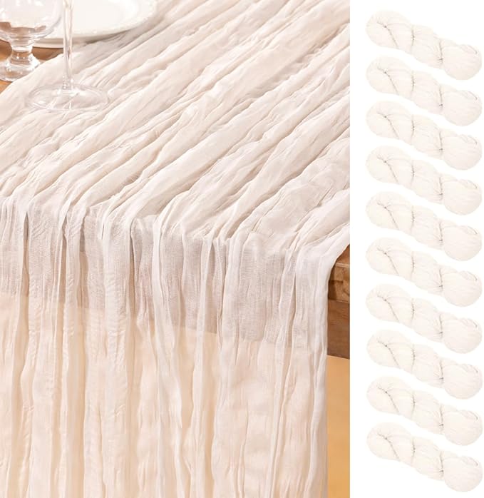 DeZerlor Ivory White Cheesecloth Table Runner 10 Pack Spring Easter Table Runners Boho Gauze 120 Inches White Cheese Cloth Table Decor for Wedding Bridal Baby Shower Parties