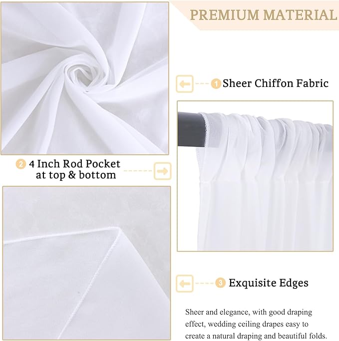 MODFUNS White Ceiling Drapes for Weddings 5x20FT 6 Panels Sheer Chiffon Ceiling Curtain Wedding Arch Draping Fabric Tulle Curtain Drapery Elegant Scarf Drapes Fabric for Bridal Baby Shower Arbor Drape