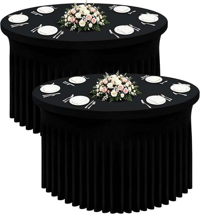 Smiry Round Spandex Tablecloth 2 Pack, Elastic Fitted Washable Tablecloths for 48 Round Tables, Waterpoof Stretch Table Cover Skirt for Outdoor, Wedding, Banquet & Parties, Black