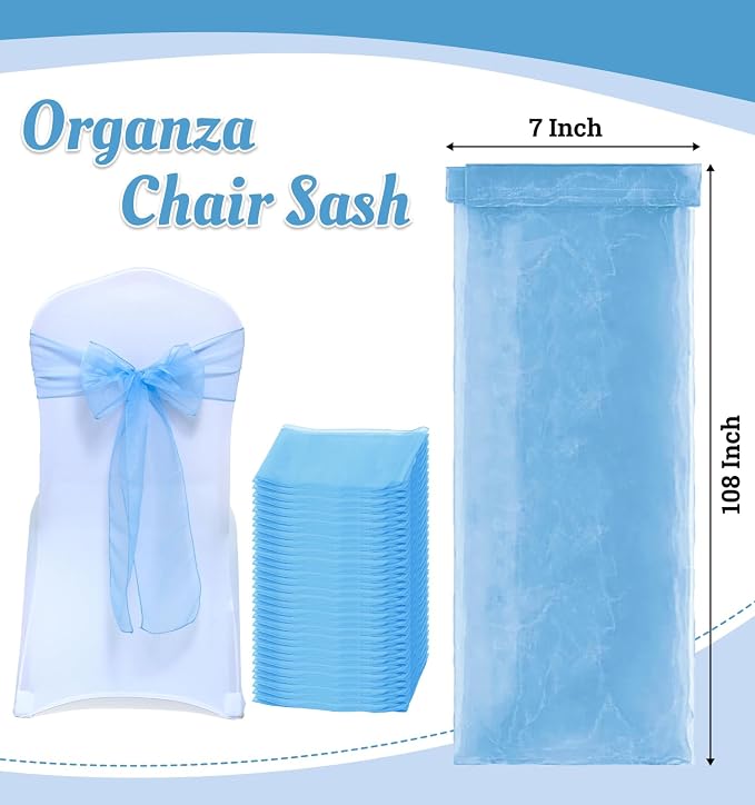 MDS® Pack of 150 Organza Chair Sashes for Wedding Decoration, Reusable Sheer Chair Bows for Banquet Chair Cover, Reception, Bridal Shower, Baby Shower, Birthday Party & Special Events - Baby Blue