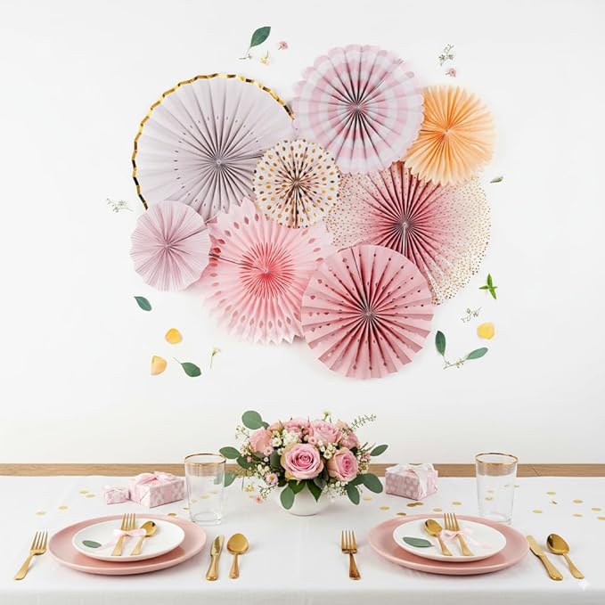PapaKit 8-Piece Origami Paper Fan Set – Sparkling Pink Rose Blush & Gold Metallic Accents – Reusable Hanging Pinwheel Wall Backdrop for Girls Birthday, Baby Shower, Wedding, Bridal Shower & Boho Party Decorations