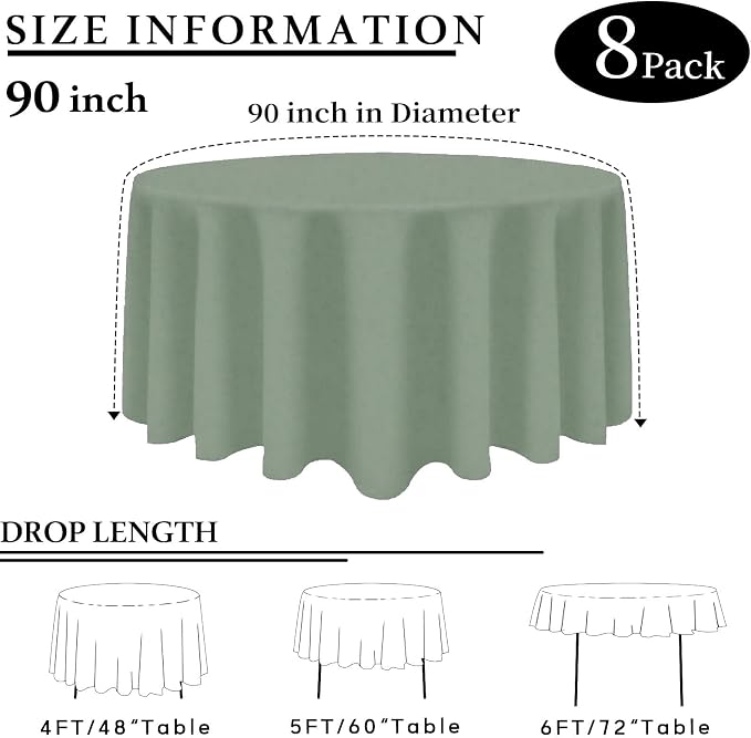 8 Packs 90 Inch Sage Green Round Tablecloth in Diameter, Washable Polyester Fabric Tablecloths, Wrinkle Resistant Table Cloth for Wedding Party Banquet Dining