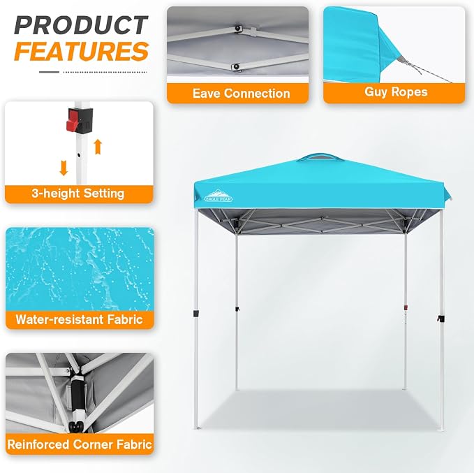 EAGLE PEAK Pop Up Canopy Tent with Wheeled Carry Bag, 8 Stakes, 4 Ropes, Easy Set Up Tent Canopy, 6.6x6.6 ft, Light Blue
