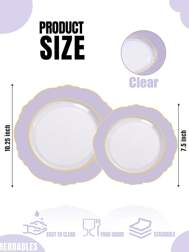 WDF 60pcs Clear Purple Plates Disposable with Gold Rim - Baroque Lavender Purple Plastic Plates for Party/Wedding/Spring Picnic/Mother's Day