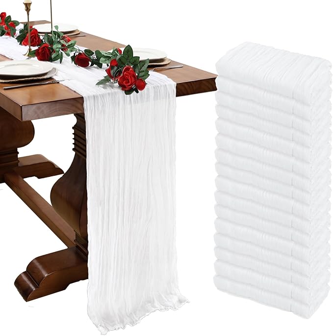 16 Pack White Cheesecloth Table Runner 10ft Boho Gauze Fabric 120 Inch Cheese Cloth Table Runner Rustic Sheer for Holiday Baby Shower Party Décor Home Wedding Decoration