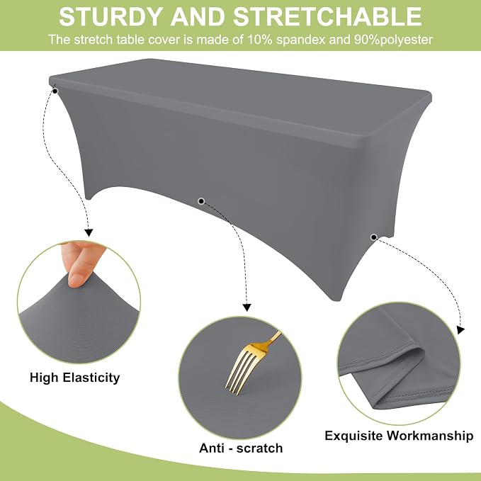 Moosfor Spandex Elastic Fitted 4FT Rectangle Tablecloth 6 Pack, Stretch Washable Reusable Table Cover for Outdoor Picnic, Dining, Wedding, Banquet & Party Events (Grey, 48Lx30Wx30H Inch)