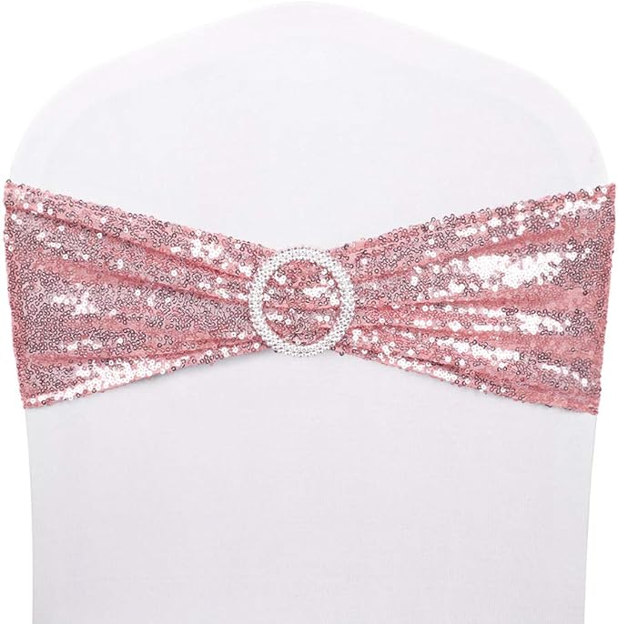 Pack of 50 Chair Sashes Sequin Stretchy Spandex Bands Decorative Bows One-Sided Sequins Decor for Romantic Wedding Party Home Chair Cover Sash Decorations - Rose Gold