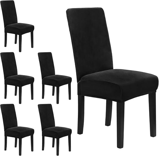 MOSAYT Velvet Stretch Chair Covers for Dining Room Set of 6 - Soft Slipcovers with Thick Removable Fabric for Parsons Chairs, Washable Seat Protectors for Kitchen, Banquet & Home Decor, Black