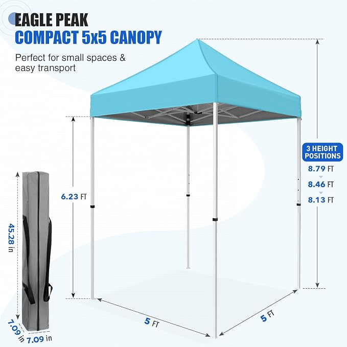 EAGLE PEAK 5x5 Pop Up Canopy Tent Instant Outdoor Canopy Easy Set-up Straight Leg Folding Shelter, Light Blue