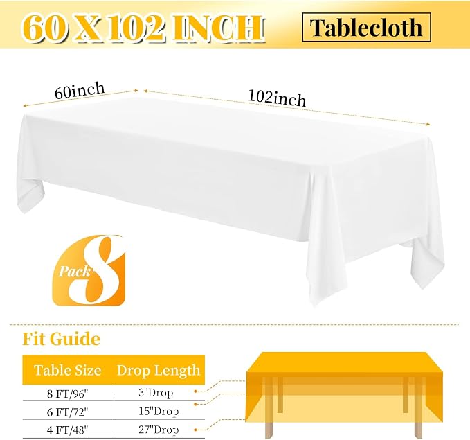 8 Packs White Rectangle Tablecloth - 60 x 102 Inch, Premium Polyester Table Cloth for 6 Foot Rectangle Tables, Washable Fabric Table Covers for Wedding, Party, Banquet, Dining