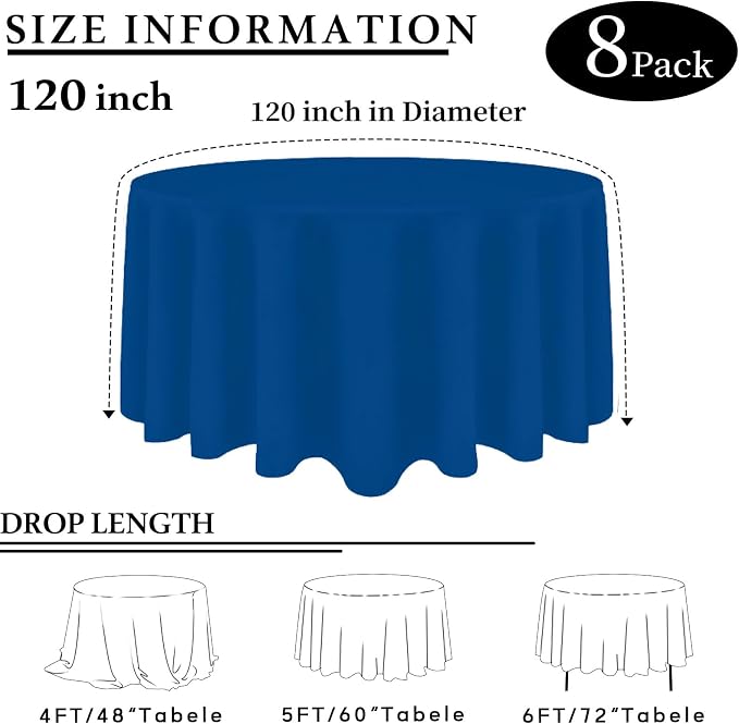 8 Packs 120 Inch Royal Blue Round Tablecloth in Diameter, Washable Polyester Fabric Tablecloths, Wrinkle Resistant Table Cloth for Wedding Party Banquet Dining