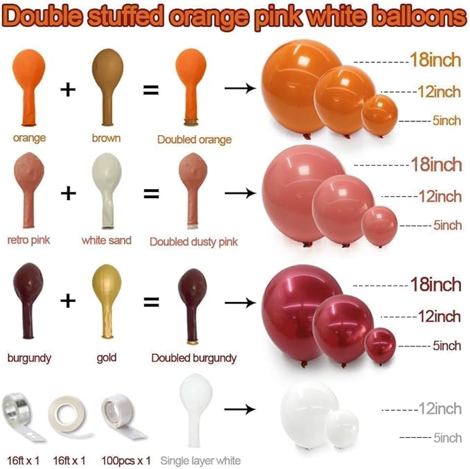 Orange Red Balloon Garland Double Stuffed Burgundy White Dusty Pink Balloon Arch Kit Balloons for Happy Birthday Wedding Baby Shower Bridal Shower Engagement Backdrop Party Decorations