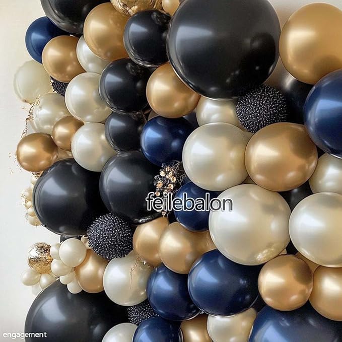Navy Blue Black Balloon Arch - Double Stuffed Pearl White Sand, Dark Royal Blue Gold Balloon Garland Kit for Birthday 2026 Graduation Men Anniversary Prom Wedding Party Decoration