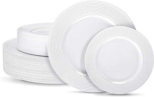 FLOWERCAT 100PCS White Plastic Plates - Heavy Duty Plastic Plates Disposable-Straw hat plates for party &Wedding - Serve for 50guests party(10inch & 7inch)(White)