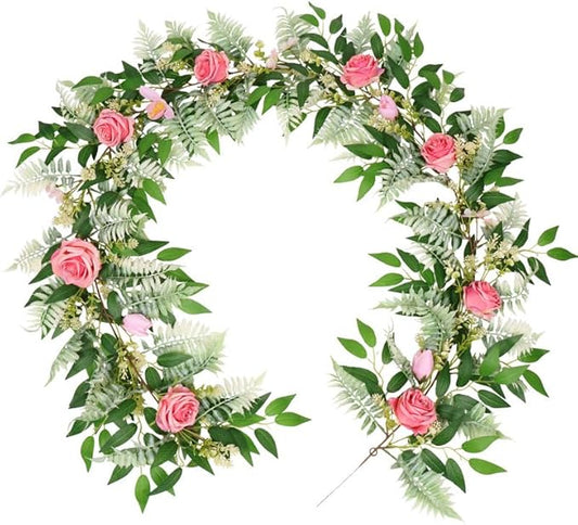 Rose Garland with Flowers, Artificial Fake Flower Greenery Spring Garland for Baby Shower Wedding Mantle Table Centerpiece Spring Decor Vine Decor, Floral Wreath (Pink Rose)