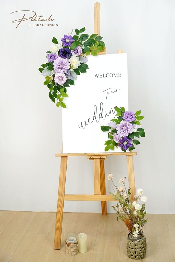 Wedding Decor Pack of 2 Welcome Sign Flower Backdrop Garland for Ceremony Reception Wall Easel Home Decoration Entryway Faux Outdoor Board Head Table Decor Lilac & Cream