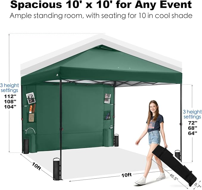 GAFETE 10×10 Pop Up Canopy Tent with 1 Pockets Sidewall, Easy up Sun Shade with One Push Setup, Portable Instant Outdoor Canopy Tent for Events Parties Camping with Carrying Bag (Green, 10x10 FT)