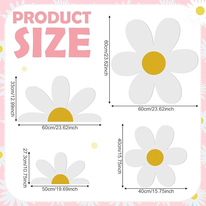 4 Pcs Large Daisy Birthday Party Decorations White Daisy Themed Cardboard Cutout Floral Baby Shower Cartoon Backdrop for Bridal Wedding Wildflower Party Supplies Photo Booth Props Gift Favor