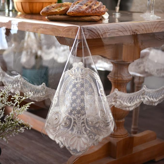 ARTABLE Vinyl PVC Rectangle Tablecloth Waterproof Clear Table Cover with Champagne Lace Macrame Border for Wedding Kitchen Home Outdoor Indoor Holidays Party Decor (Stone, 60 x 84 Inch)