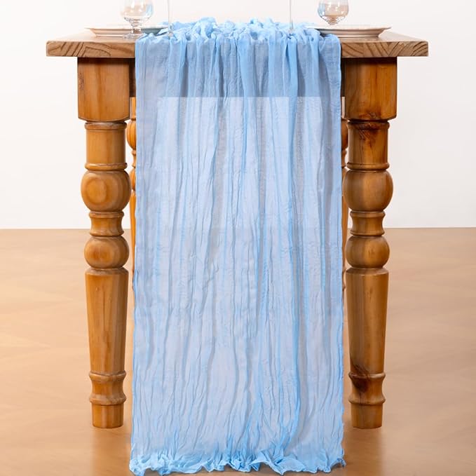DeZerlor Baby Blue Cheesecloth Table Runner 12 Pack Spring Easter Table Runners Boho Gauze 120 Inches Light Blue Table Decor for Wedding Bridal Baby Shower Parties