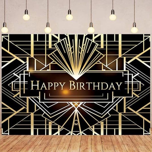 Leyiyi 10x6.5ft Luxurious Photography Backdrops Luxury Geometric 1920s Black and Gold Background Happy Birthday Backdrop Banner for Photography or Party Decoration