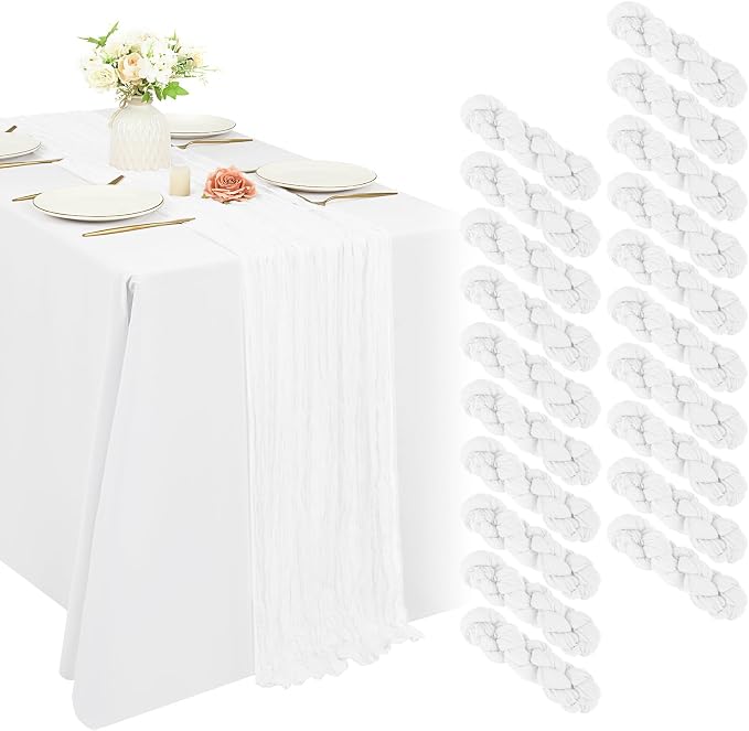 20 Pack Cheesecloth Table Runner 17 x 108 inch Long Boho Gauze Table Runners Semi Sheer Table Runner for Wedding Decor, Baby Shower, Birthday Party, Banquet (White)