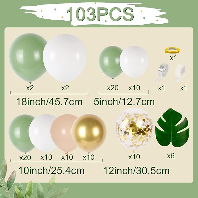 DataMoon Sage Green Baby Shower Decorations 125PCS Green Balloon Arch Kit, Balloon Boxes, Backdrop for Woodland Jungle Theme Baby Shower Decor Gender Reveal Birthday Party Supplies