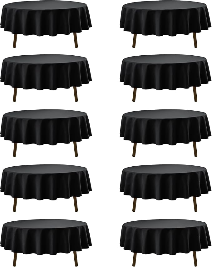 10-Pack Black Round Tablecloths, 70 Inches, Stain-Resistant Polyester for 3-4 Ft Round Tables - Washable Table Covers for Weddings, Banquets, Birthday Parties, Events